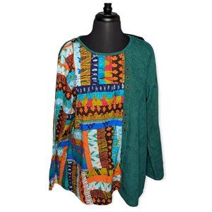 NWT Gracila Dark Green Corduroy & Sheer Long Sleeve Tunic Size 2X